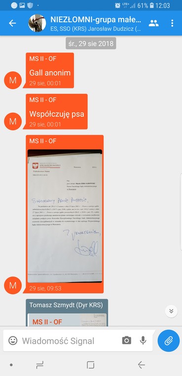 Screen z czatu "Niezłomni" na Signalu