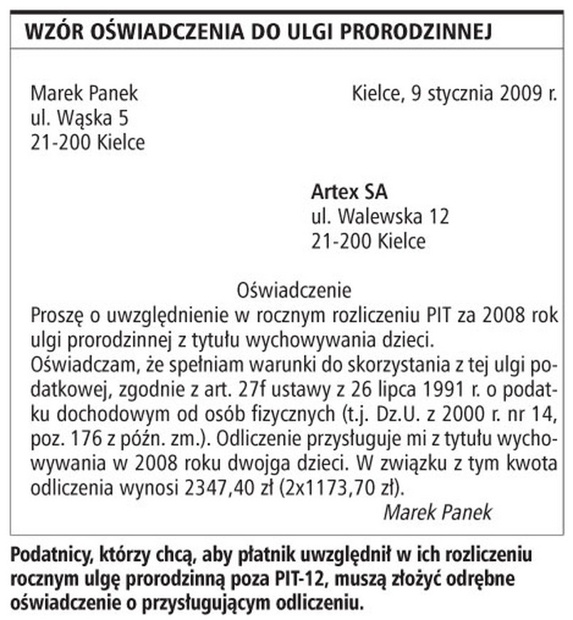 Wzór oświadczenia do ulgi prorodzinnej