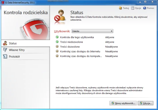 Moduł ustawień kontroli rodzicielskiej w pakiecie G Data InternetSecurity 2011