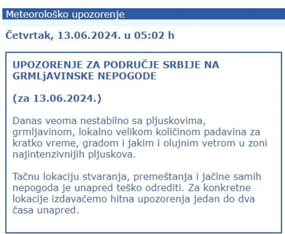 Upozorenje na grmljavinske nepogode