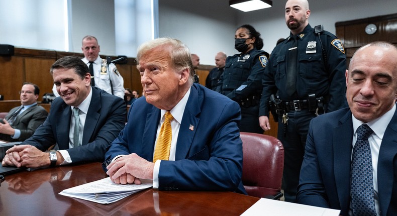 Donald Trump sits next to his attorneys Todd Blanche and Emil Bove during the former president's criminal hush-money trial in Manhattan.Craig Ruttle - Pool/Getty Images