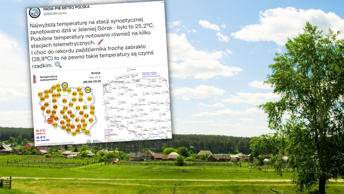 3,7 st. C zabrakło do wyrównania rekordowej temperatury w październiku. W poniedziałek najcieplej było w Jeleniej Górze. Tam termometry pokazały 25,2 st. C. Polski rekord październikowy wynosi 28,9 st. C.