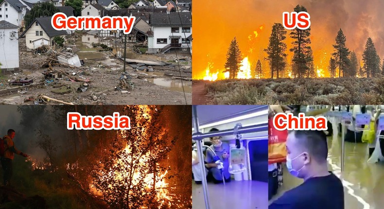 Photos showing flooding in Germany, fire in the US, fire in Russia, and flooding in China.
