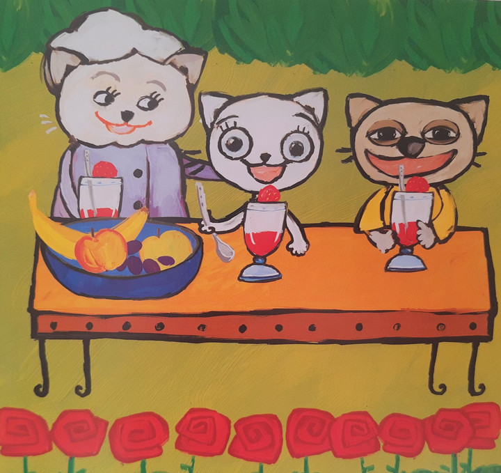 Kicia Kocia z przyjacielem Packiem i babcią zajadają się deserem truskawkowym
