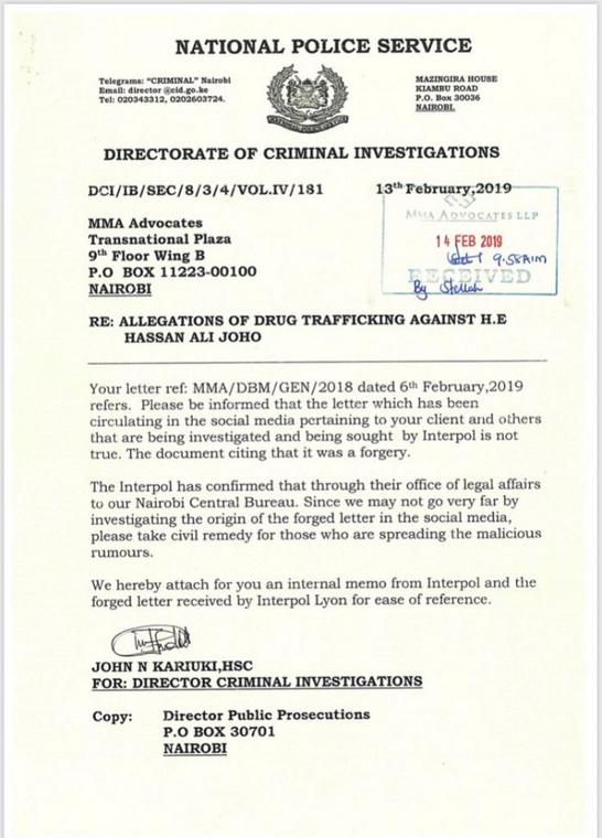 DCI issues statement on letter linking Joho to drug trafficking investigations by Interpol 