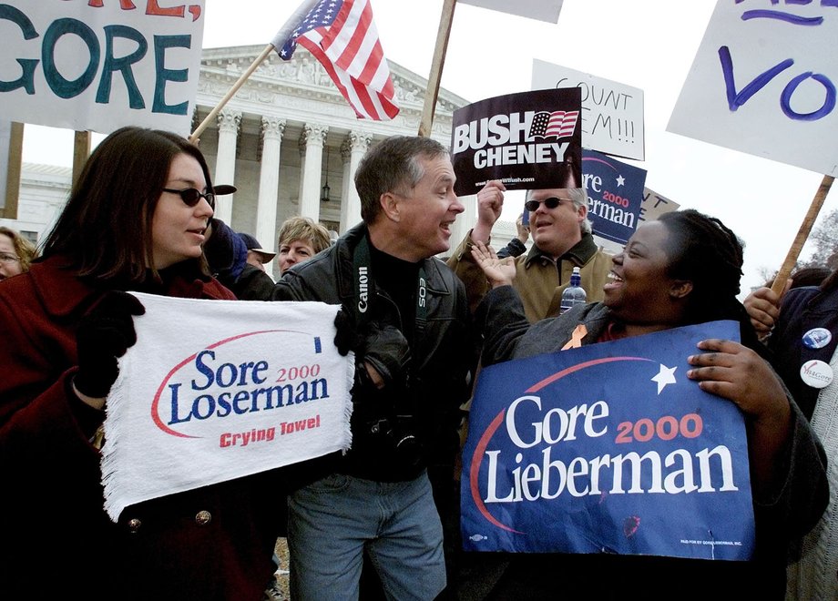 Supporters of Al Gore and George W. Bush facing off in front of the US Supreme Court amid the landmark postelection legal battle Bush v. Gore in 2000.