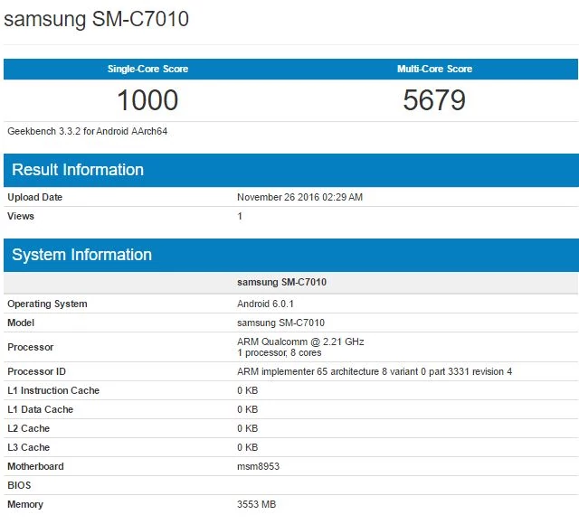 Samsung Galaxy C7 Pro w Geekbench