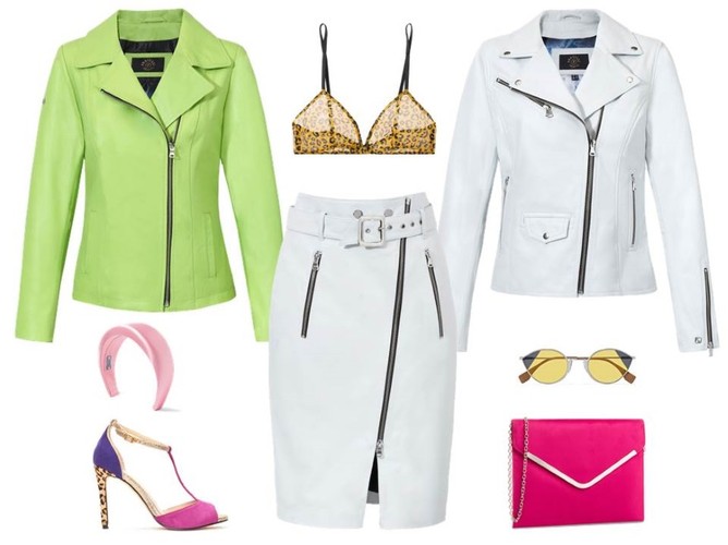 STYLIZACJE na lato z ubraniami ze skóry: seledynowa i biała kurtka - Fratelli/ fratelli.com.pl, biała spódnica - Fratelli/ fratelli.com.pl, torebka i buty - Menbur/menbur.pl, pozostałe dodatki - TK MAXX