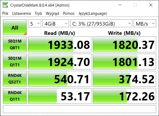 Dream Machines RG3050Ti-15PL26 – CrystalDiskMark 8 – szybkość nośnika SSD