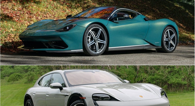 The 2021 Porsche Taycan Turbo S Cross Turismo (bottom) and the Pininfarina Battista.Pininfarina; Tim Levin/Insider