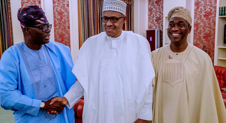 Babajide Sanwo-Olu (L), President Buhari (M), Obafemi Hamzat (R) [Twitter/@NGRPresident]