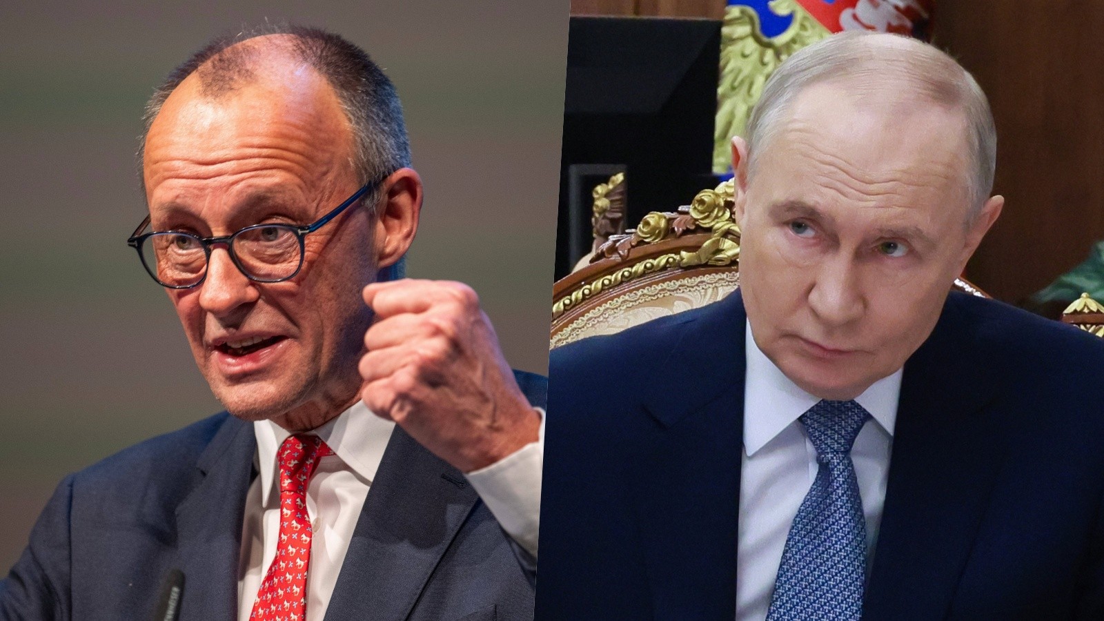 Nemecký kancelár Friedrich Merz a ruský prezident Vladimir Putin.