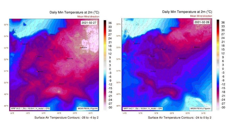 Pogoda - 27.02, ciemnofioletowe pola oznaczają temperaturę poniżej -20 st C