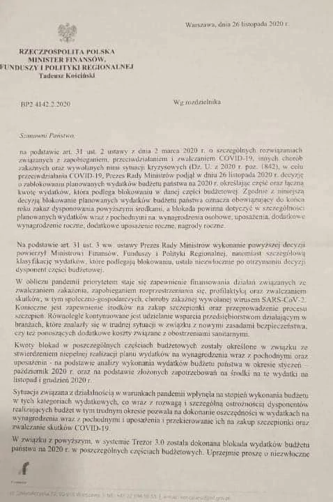 Pismo ministra Tadeusza Kościńskiego
