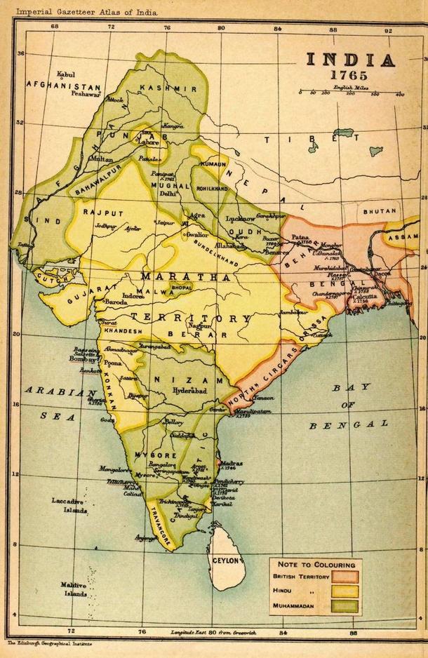 Indie w 1765 r. Tereny pod panowaniem Brytyjczyków zaznaczono kolorem czerwonym