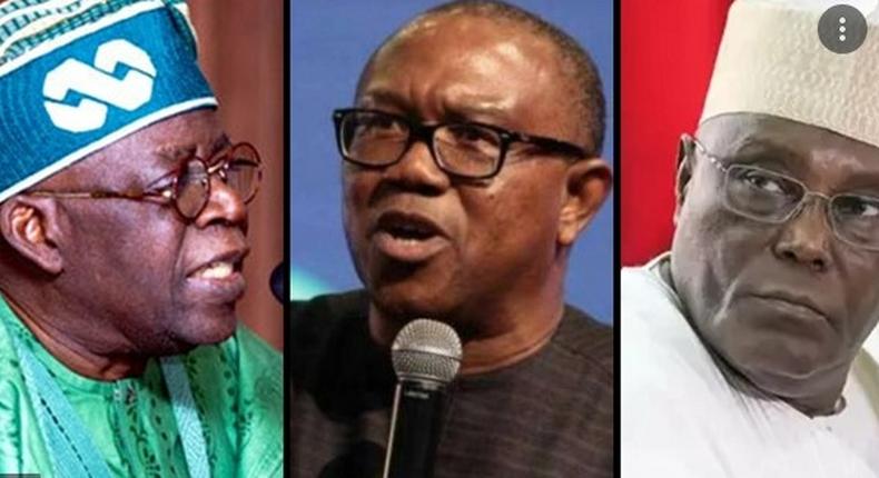 The frontline presidential candidates for the 2023 election, Bola Tinubu, Peter Obi and Atiku Abubakar (Channels TV)