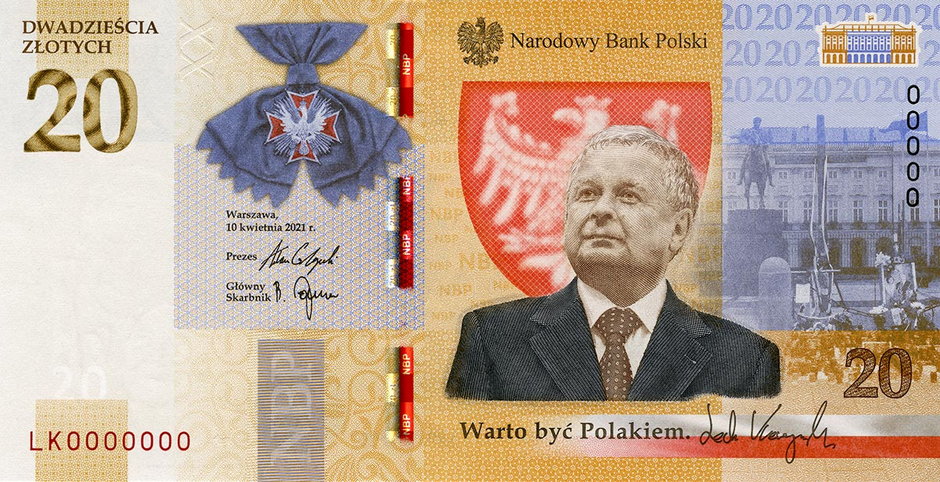Wizerunek Lecha Kaczyńskiego na banknocie NBP. Awers