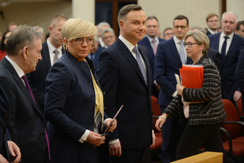 Prezydent Andrzej Duda i prezes TK Julia Przyłębska podczas uroczystego posiedzenia Zgromadzenia Ogólnego Sędziów Trybunału Konstytucyjnego.