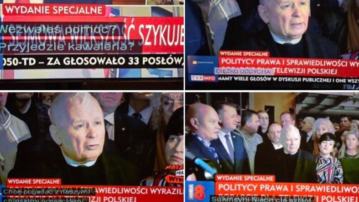 TVP relacjonowała na żywo protest polityków PiS, ale nie wyłączono napisów do filmu, którego emisję przerwano.