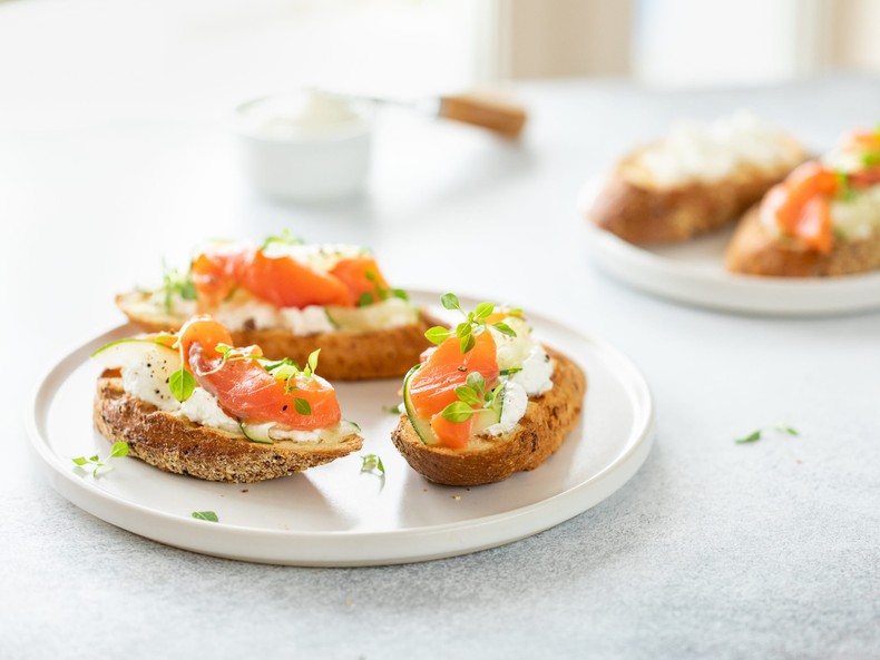 Smoked salmon on seeded toast.Getty