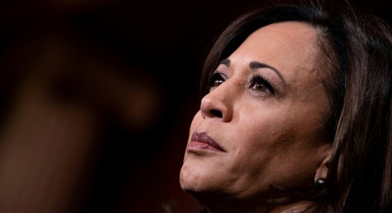 File photo of Senator Kamala Harris (D-CA) as she listens during a press conference during the impeachment trial of US President Donald Trump on Capitol Hill January 31, 2020, in Washington, DC.