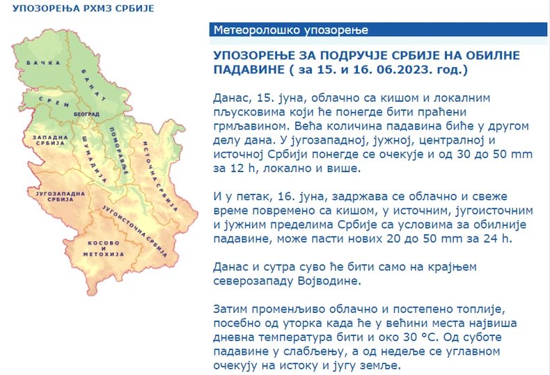 RHMZ upozorenje na kiše u Srbiji