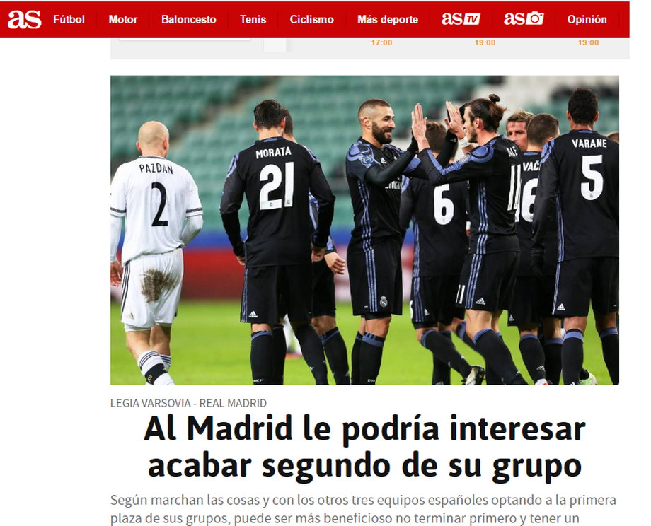 "AS": Al Madrid le podría interesar acabar segundo de su grupo
