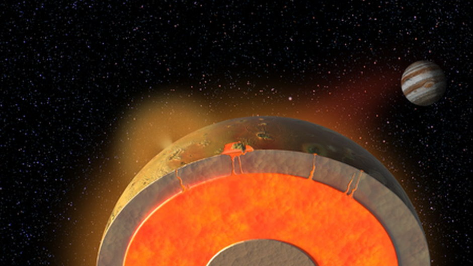 Grafika przedstawia wnętrze Io rozgrzewane przez oddziaływanie Jowisza