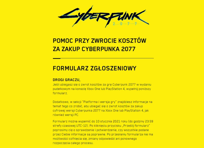 Cyberpunk 2077 PS4 - zwrot gry u CD Projekt RED