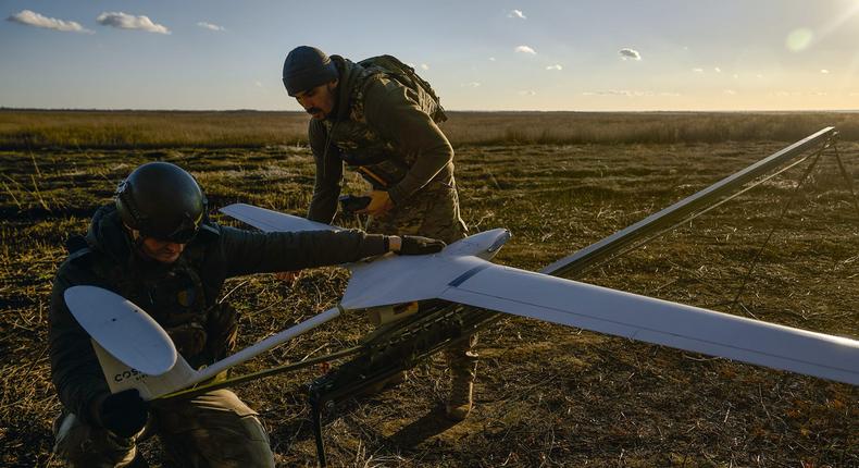 Ukrainian military operate a Punisher drone, a small fixed-wing reusable aircraft used by frontline infantry to strike military targets, on November 7, 2023 near Vuhledar, Ukraine.Libkos for BI