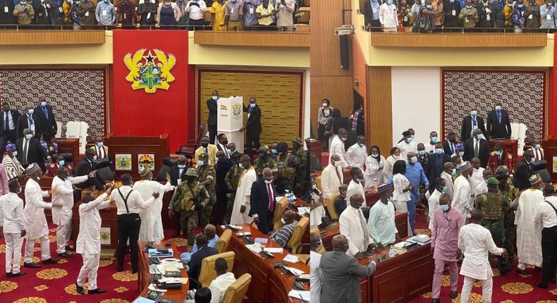 Sober Kennedy Agyapong seen calming down wild NDC MPs-elect as parliament turns chaotic