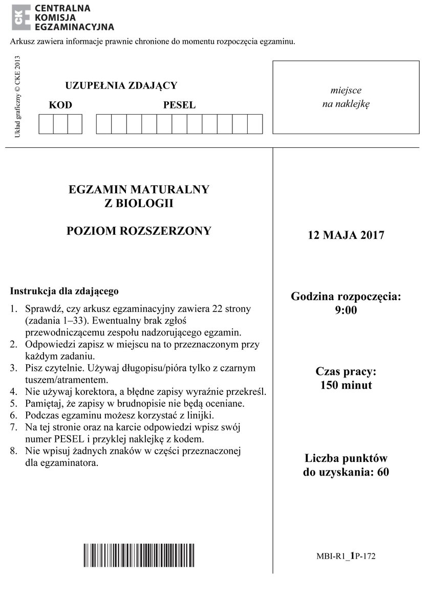 Matura 2017 z biologii poziom rozszerzony. Odpowiedzi