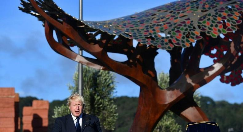 Britain's Foreign Secretary Boris Johnson unveils a new UK memorial at Pukeahu War Memorial Park in Wellington