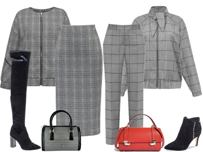 Ubrania w kratę: kurtka i spódnica w kratę glen – Cotton Club/cottonclub.pl, kurtka i spodnie w kratę windowpane – Cotton Club/cottonclub.pl, torebka w paski – Menbur/menbur.pl, torebka czerwona – Boca/boca.pl, kozaki – Caprice/caprice.pl, botki – Caprice/caprice.pl