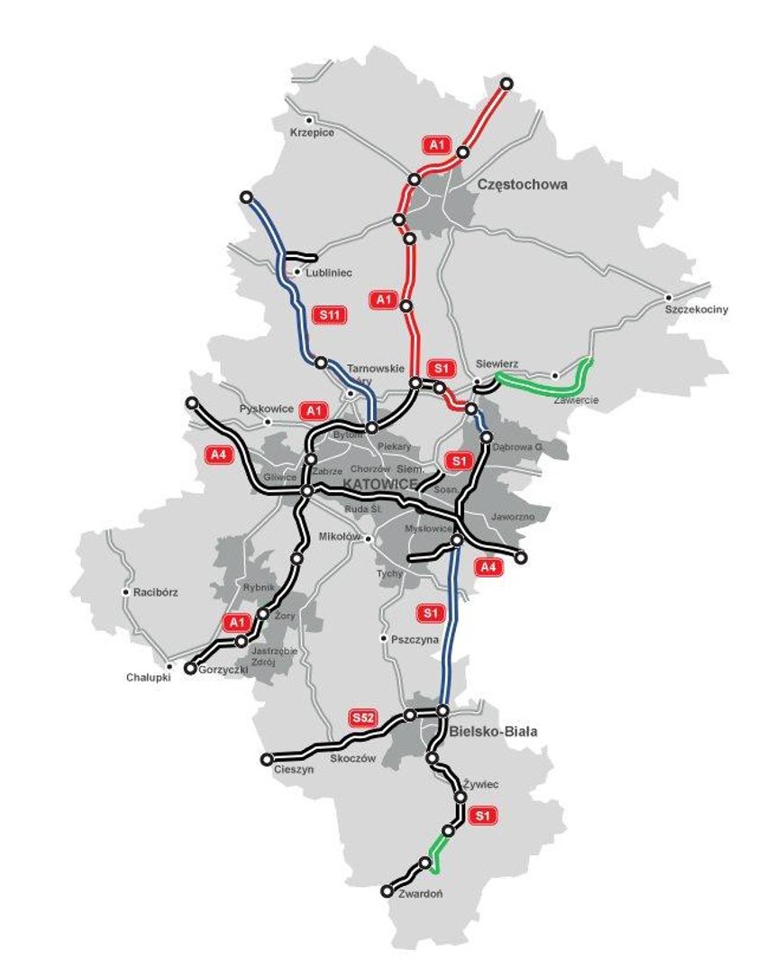 Autostrada A1  i mapa stanu budowy innych dróg w woj. śląskimw woj. śląskim