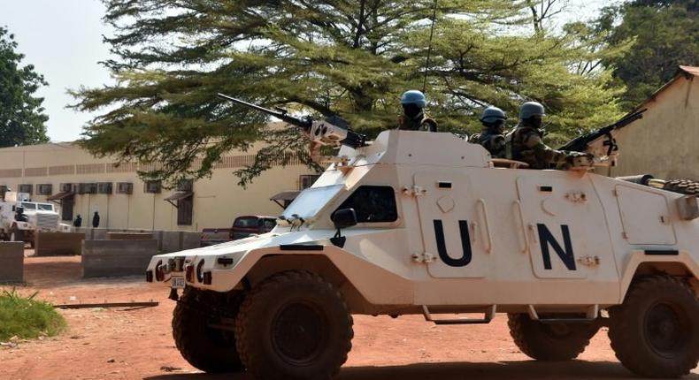 United Nations peacekeepers patrol in Bangui on January 2, 2016