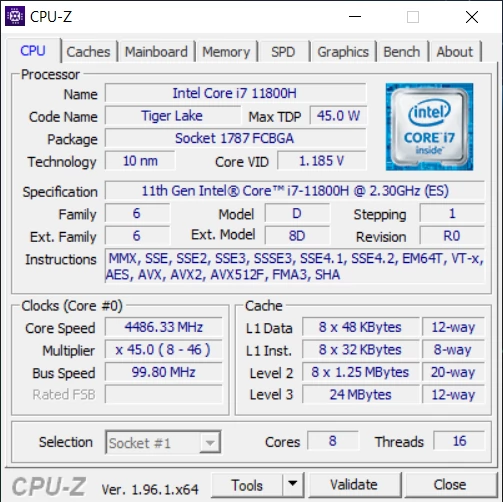 CPU-Z – specyfikacja Intel Core i7-11800H