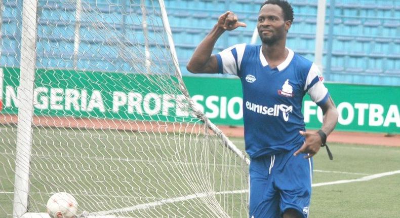 Ayo Saka of Rivers United celebrating one of his goals.