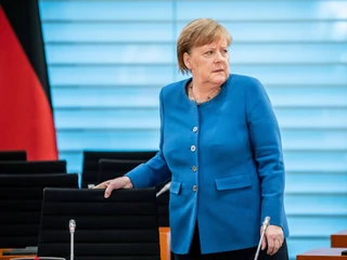 Kanclerz Angela Merkel podczas posiedzenia rządu. Ze względu na pandemię koronawirusa posiedzenie odbyło się w bardziej przestronnej sali, by zachować bezpieczny dystans wobec pozostałych członków gabinetu, 18.03.2020