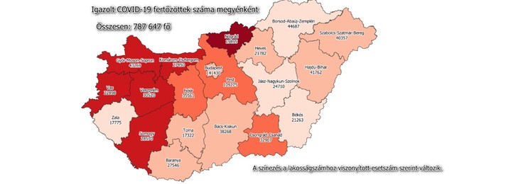 Covid-19 fertőzöttek száma megyénként / Fotó: koronavirus.gov.hu