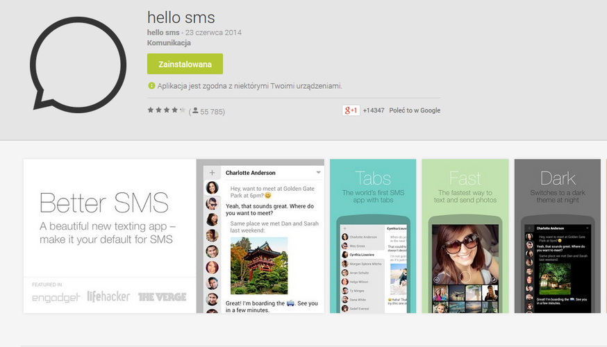 <b>hello sms</b>
<br><br>
Ciekawa alternatywa dla domyślnej aplikacji do wysyłania wiadomości. Hello sms to prostota minimalizm i funkcjonalność w jednym. Przydana okaże się zarówno funkcja szybkiego przesyłania multimediów, jak również możliwość pełnej personalizacji wyglądu aplikacji.