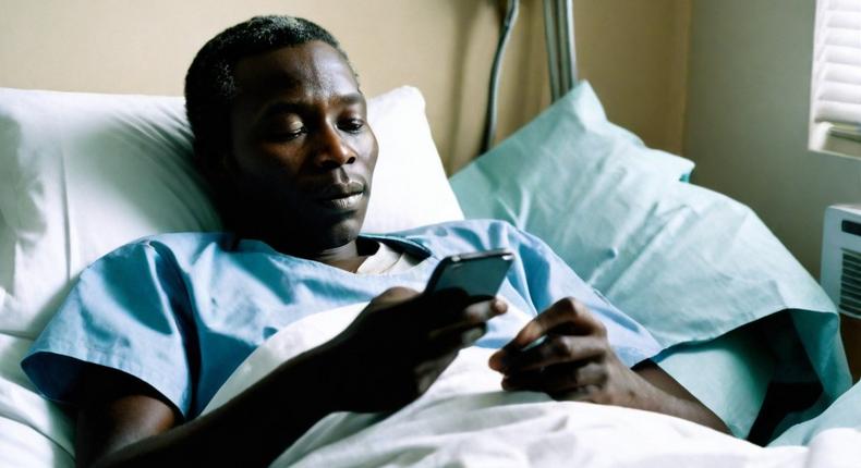 AI generated image of a patient-in-a-hospital-bed-holding-a-phone
