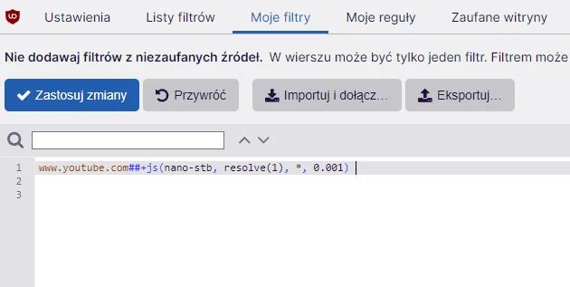 uBlock Origin - kod omijający utrudnienia YouTube