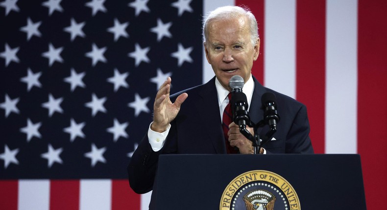 US President Joe Biden delivers remarks on the US economy at Steamfitters Local 602 on January 26, 2023 in Springfield, Virginia.Alex Wong/Getty Images