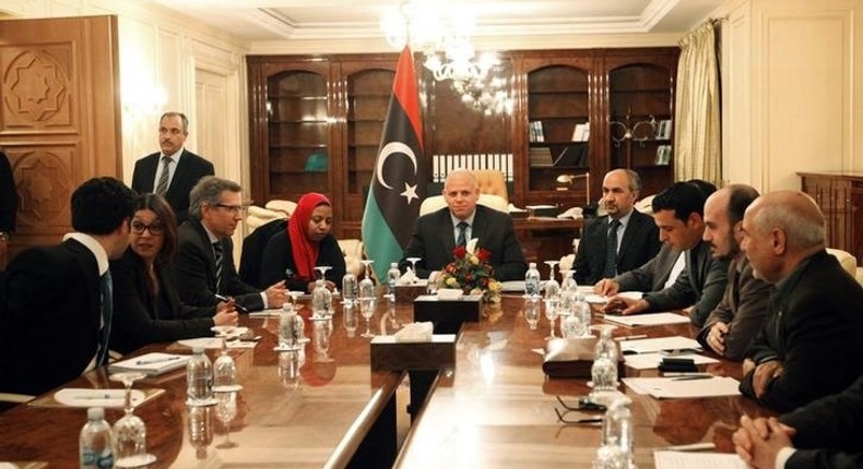 Bernardino Leon (3rd L), U.N. special envoy for Libya, attends a meeting with members of the Libyan General National Congress in Tripoli March 2, 2015. REUTERS/Ismail Zitouni