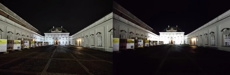 Skorzystanie z trybu nocnego (zdjęcie po lewej) nie tylko uchroni zdjęcie przed wypaleniami w jasnych obszarach fotografowanej sceny, ale też pozwoli wydobyć więcej szczegółów z ciemnych obszarów kadru w porównaniu do zdjęcia zrobionego w trybie automatycznym (obraz po prawej) 