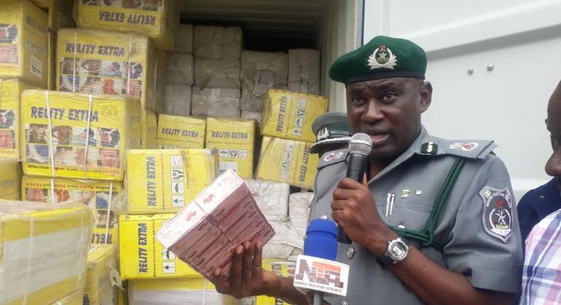 Controller, Tin Can Island Port Command of the Nigeria Customs Service, Comptroller Musa Abdulahi announcing the interception of Tramadol tablets on Tuesday, May 8, 2018