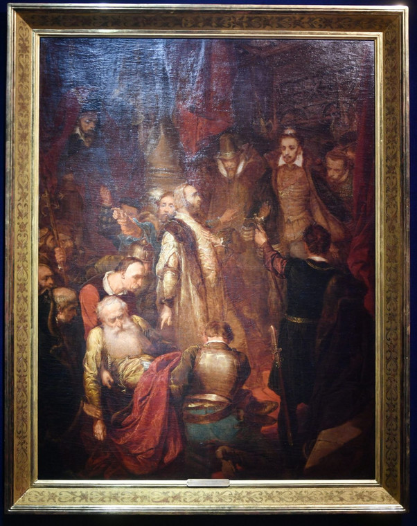 Obraz Jana Matejki "Zabicie Wapowskiego w czasie koronacji Henryka Walezego" prezentowany w siedzibie Domu Aukcyjnego
