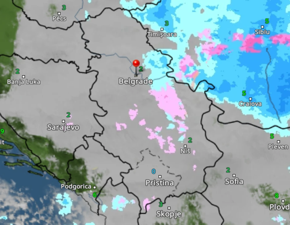 Kretanje padavina u Srbiji u subotu u ponoć 