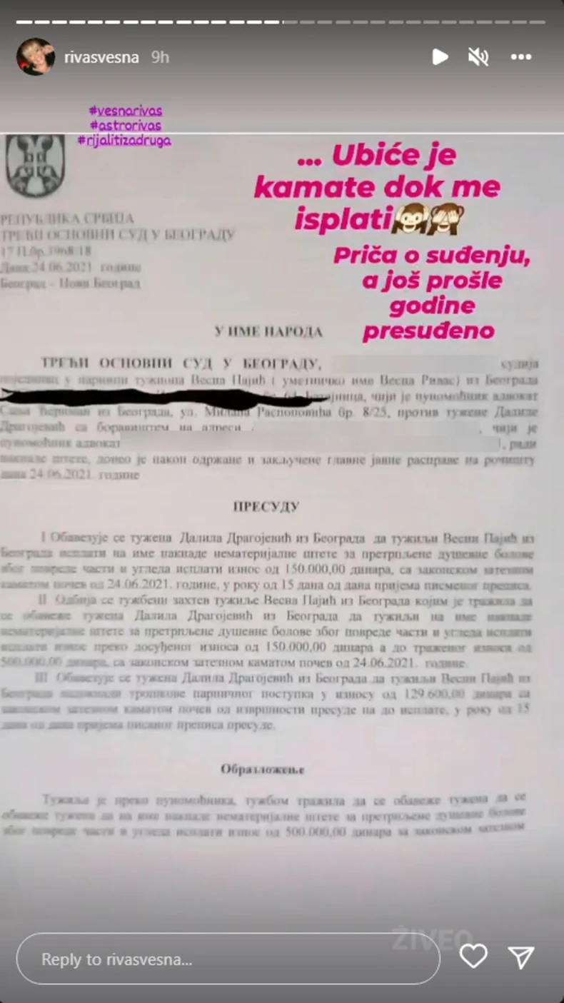 Vesna Rivas dobila Dalilu na sudu